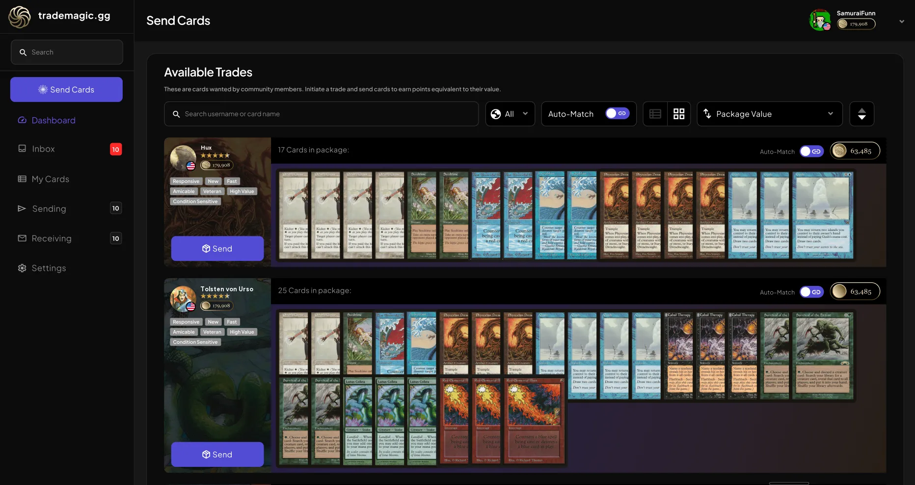 TradeMagic Send Cards screen